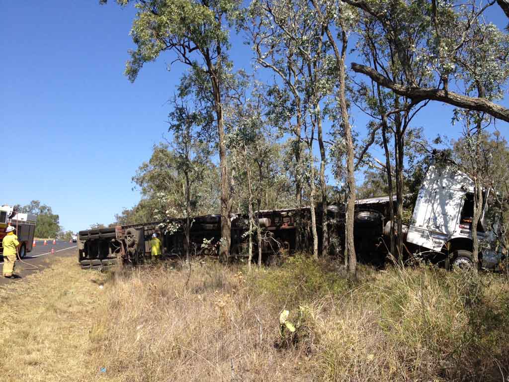 The B-double that rolled south of Toowoomba on the Gore Hwy this morning. The B-double that rolled south of Toowoomba on the Gore Hwy this morning.
