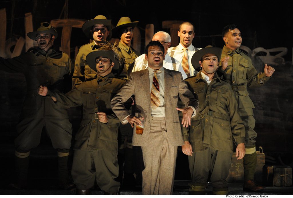 A scene from the play Black Diggers during its opening season at the Sydney Opera House. A scene from the play Black Diggers during its opening season at the Sydney Opera House.