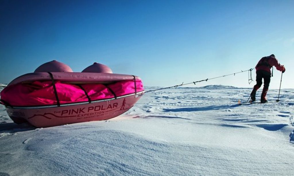 Dr Geoff Wilson and the Pink Polar Expedition 'boob sled'.