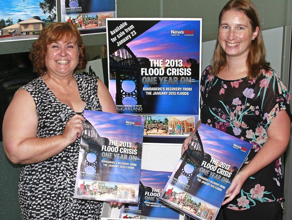 Gail Irwin from Sales and Marketing and Editor Liz Carson with the 2013 Flood Crisis One Year On, which is retailing for $2.50. Photo: Simon Young / NewsMail Gail Irwin from Sales and Marketing and Editor Liz Carson with the 2013 Flood Crisis One Year On, which is retailing for $2.50. Photo: Simon Young / NewsMail
