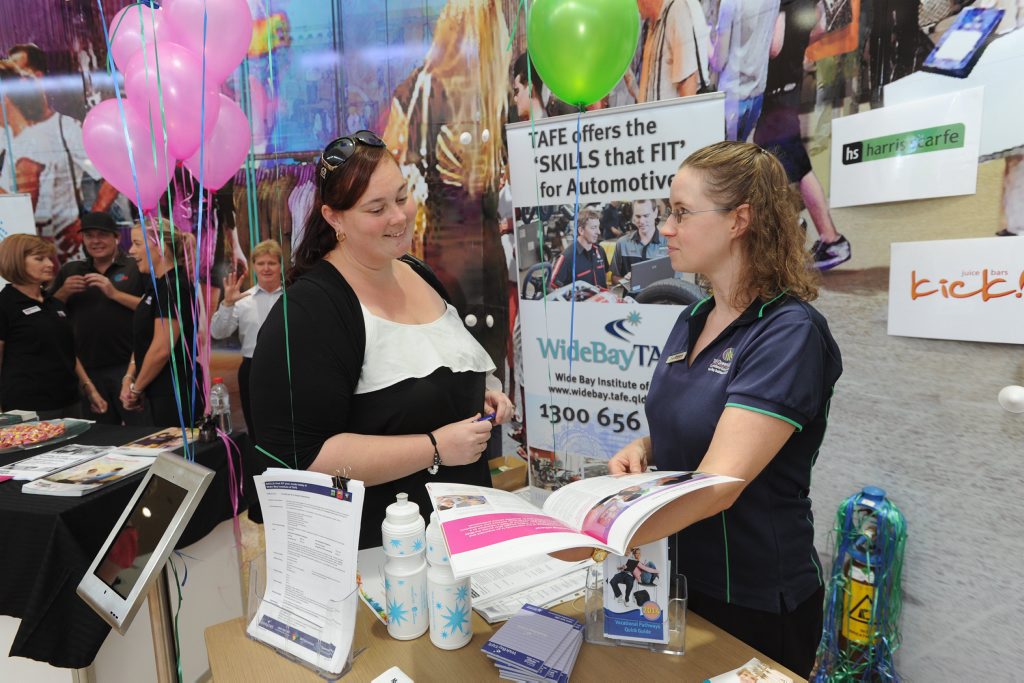 Anastasia Smith from Burrum River talks with Wide Bay TAFE councillor Rebekah Fraser about job prospects at the Stockland job information day. Anastasia Smith from Burrum River talks with Wide Bay TAFE councillor Rebekah Fraser about job prospects at the Stockland job information day.