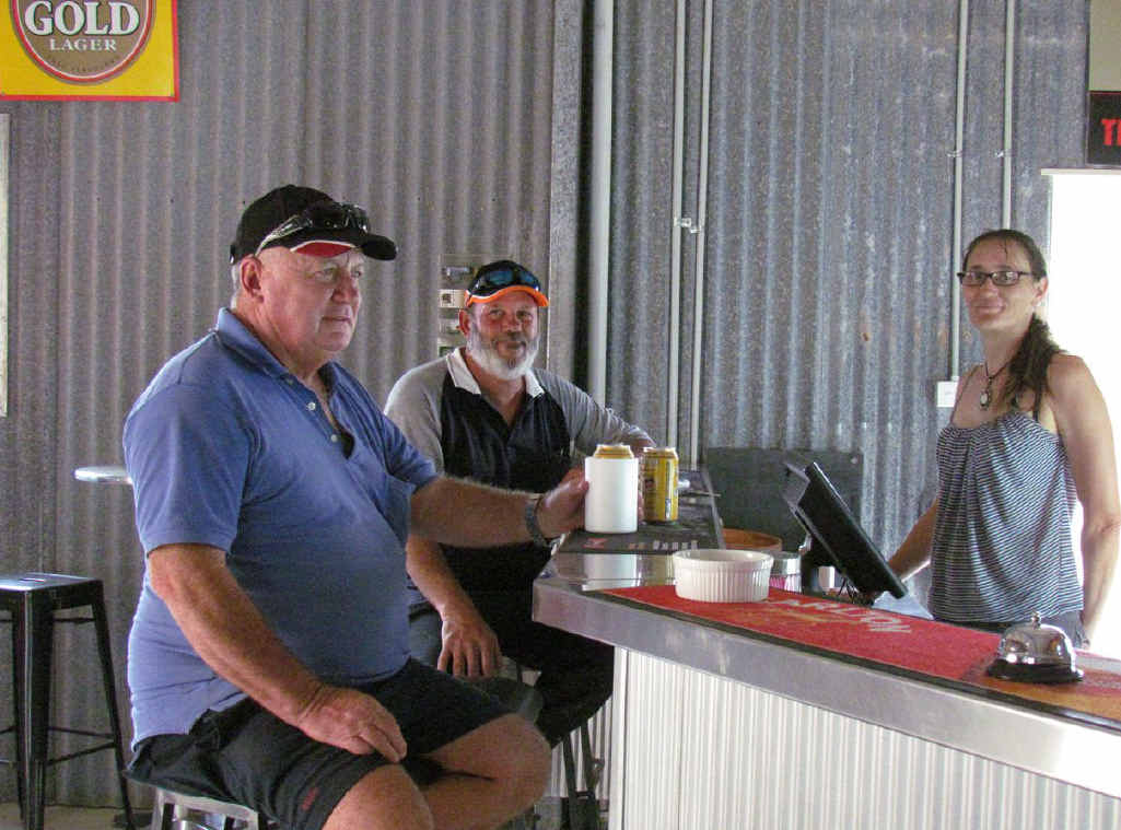Baffle Creek locals and visitors now have a place to sit down with a cool one with mates. Visitor from Cawarral Larry Inglis and resident Miguel Santana with bar attendant Tammy Trainer at the Flood Inn. Baffle Creek locals and visitors now have a place to sit down with a cool one with mates. Visitor from Cawarral Larry Inglis and resident Miguel Santana with bar attendant Tammy Trainer at the Flood Inn.