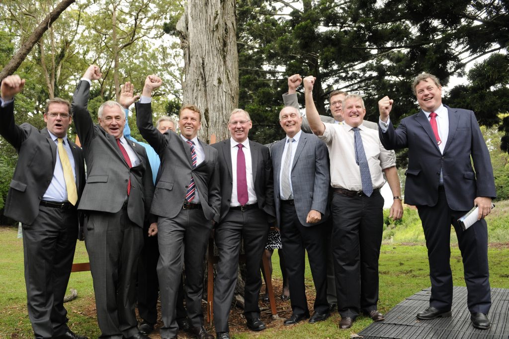 Announcing $1.7 billion in funding for the Toowoomba bypass are (from left) John McVeigh, Paul Antonio, Ian Rickuss, Scott Emerson, Jeff Seeney, Warren Truss, Trevor Watts, Ian Macfarlane and Tim Nicholls. Announcing $1.7 billion in funding for the Toowoomba bypass are (from left) John McVeigh, Paul Antonio, Ian Rickuss, Scott Emerson, Jeff Seeney, Warren Truss, Trevor Watts, Ian Macfarlane and Tim Nicholls.