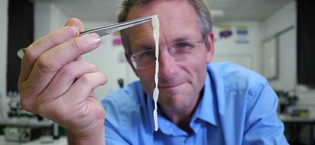 Michael Mosley holding up a piece of human tapeworm as Mosley lived with tapeworms in his guts for six weeks for a documentary
Michael Mosley holding up a piece of human tapeworm as Mosley lived with tapeworms in his guts for six weeks for a documentary