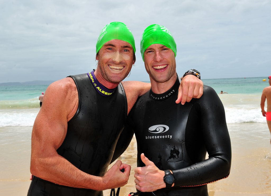 Image for sale: Milk Noosa Summer Swim. 1k and 2 k races.(L-R) Matt Dowling and Myles Burfield before their race. Photo Geoff Potter / Noosa News