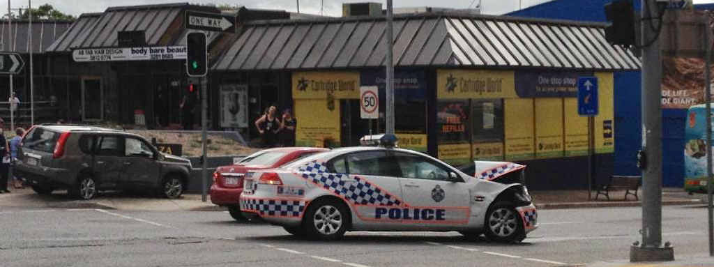 COLLISION: A police car hit a SUV at the intersection of Brisbane and East Sts, Ipswich CBD, on Saturday. COLLISION: A police car hit a SUV at the intersection of Brisbane and East Sts, Ipswich CBD, on Saturday.