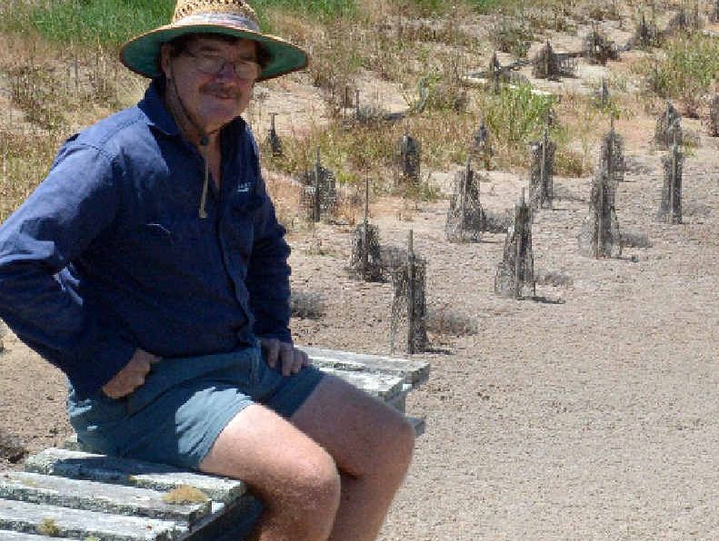 HIGH AND DRY: Redclaw farmer Bill Keast sits on the jetty and contemplates his dry crayfish ponds. HIGH AND DRY: Redclaw farmer Bill Keast sits on the jetty and contemplates his dry crayfish ponds.