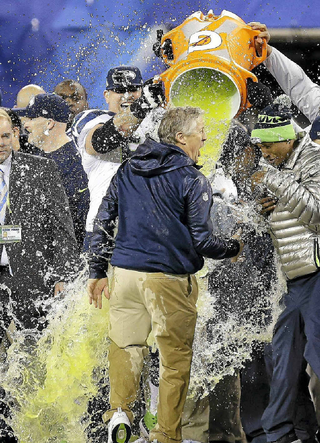 SPLASH: Seattle Seahawks head coach Pete Carroll is doused with Gatorade in the final minutes of the Super Bowl XLVIII win against the Denver Broncos. SPLASH: Seattle Seahawks head coach Pete Carroll is doused with Gatorade in the final minutes of the Super Bowl XLVIII win against the Denver Broncos.