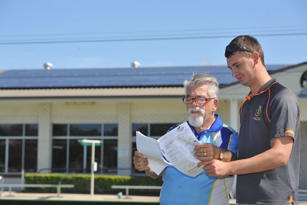 Hervey Bay Bowls Club chairman Gary Smith and Rowan Walk from Solar Power Wide Bay Burnett check out the savings the club has made since installing 40 solar panels. Hervey Bay Bowls Club chairman Gary Smith and Rowan Walk from Solar Power Wide Bay Burnett check out the savings the club has made since installing 40 solar panels.