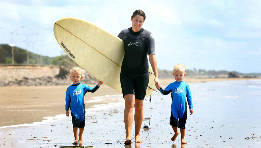 BEACH DATE: Danya Hodgetts with her twin sons Jake and Jordan (3) is encouraging other parents to get down to the beach after starting a Surfing Mums Australia group. BEACH DATE: Danya Hodgetts with her twin sons Jake and Jordan (3) is encouraging other parents to get down to the beach after starting a Surfing Mums Australia group.