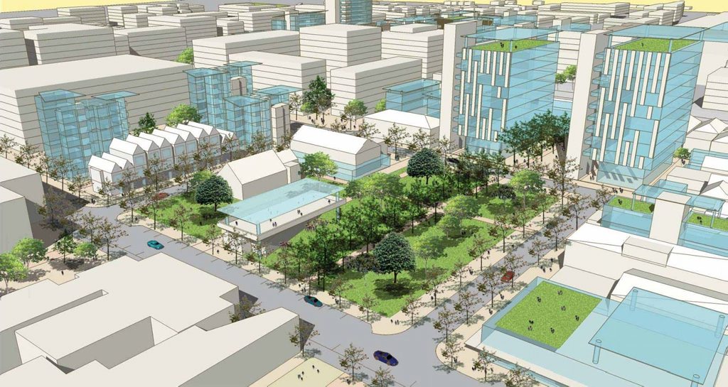 An artist’s impression of a planned “Garden Square” precinct contained within Margaret, Ruthven and Neil Sts. 