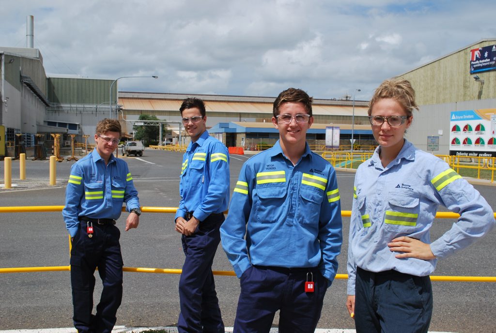 ON SITE: Jacob Jones, Josh Stevens, Mitch Vickers and Jess Grey are part of Boyne Smelters Ltd’s 2014 apprentice intake. ON SITE: Jacob Jones, Josh Stevens, Mitch Vickers and Jess Grey are part of Boyne Smelters Ltd’s 2014 apprentice intake.