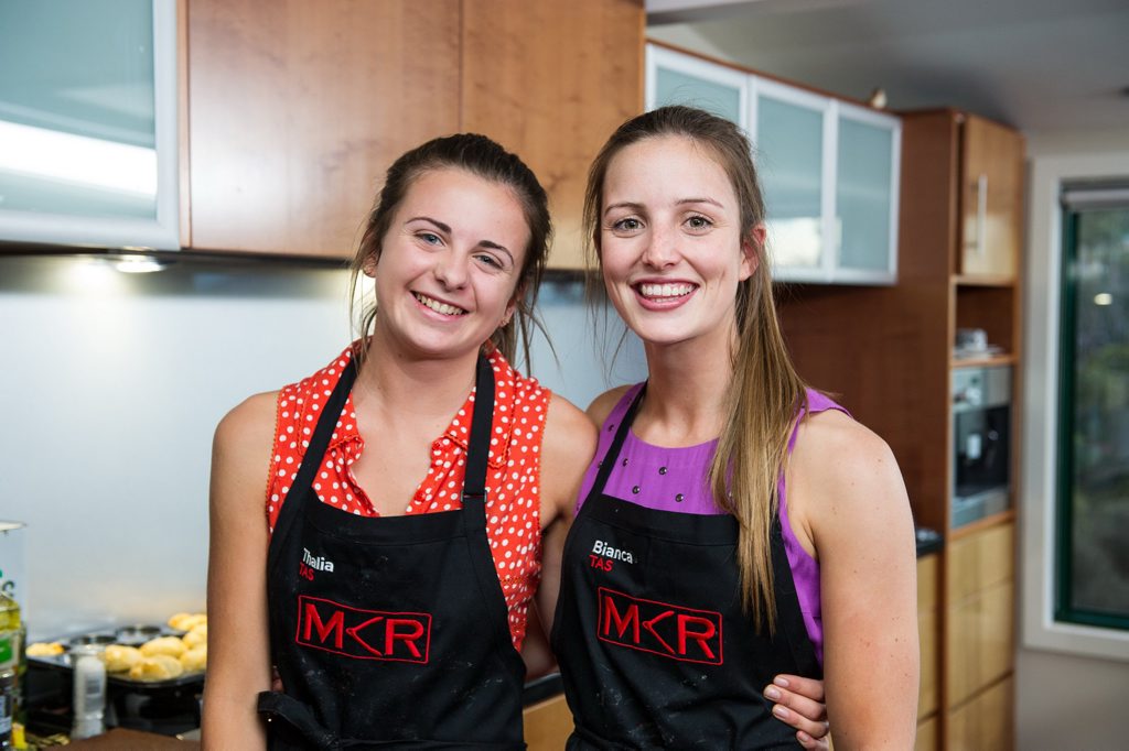 Thalia and Bianca were all smiles after serving up their entree during their instant restaurant in Hobart. Thalia and Bianca were all smiles after serving up their entree during their instant restaurant in Hobart.