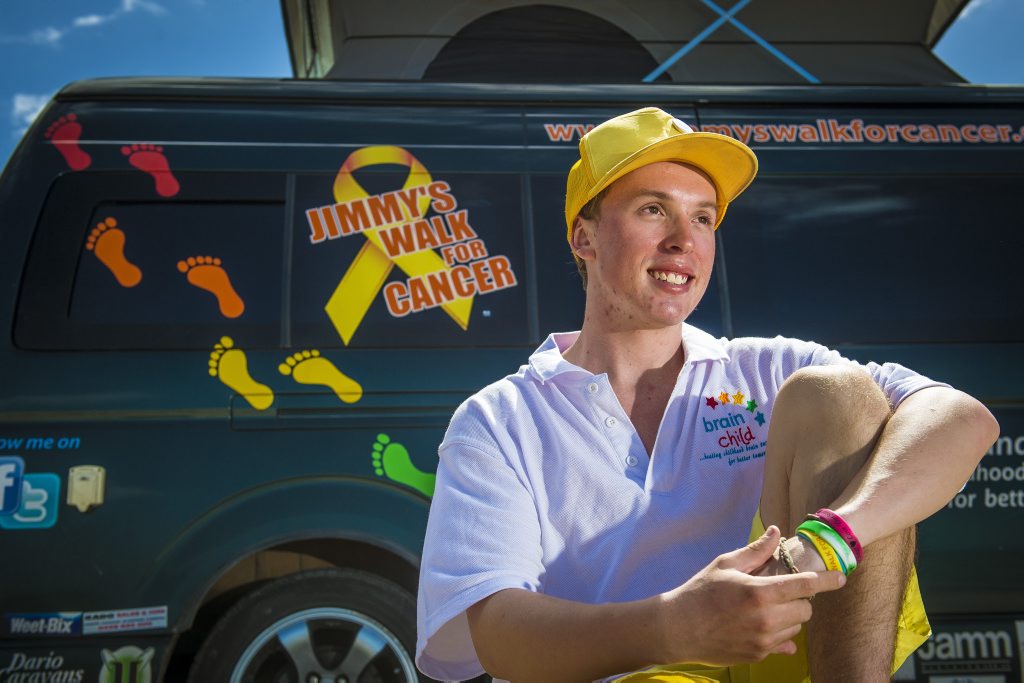 Jimmy Harrington is walking around Australia to raise money and awareness for children suffering from brain cancer. Jimmy Harrington is walking around Australia to raise money and awareness for children suffering from brain cancer.