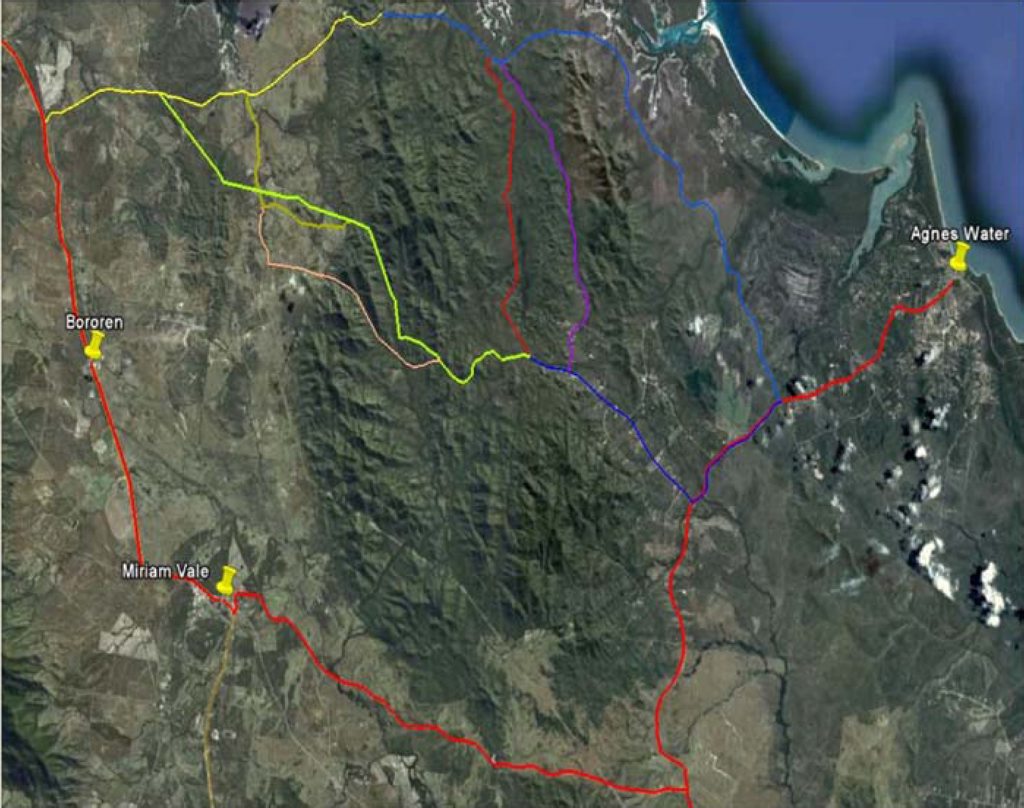 ROAD PROPOSAL: The purple line represents the council’s best option, which runs off Turkey Beach Road and then joins up with Fingerboard Road and on to Agnes Water. ROAD PROPOSAL: The purple line represents the council’s best option, which runs off Turkey Beach Road and then joins up with Fingerboard Road and on to Agnes Water.