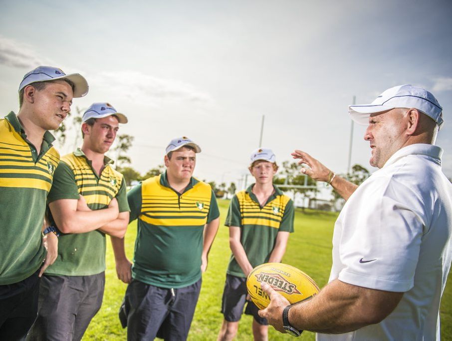 Brisbane Broncos Michael Hudson talking with Chanel College grade 10 students Dylan Johnson, 15, Jake Kearnan, 15, Dylan Lawson, 15 and Dean Baade, 14. Brisbane Broncos Michael Hudson talking with Chanel College grade 10 students Dylan Johnson, 15, Jake Kearnan, 15, Dylan Lawson, 15 and Dean Baade, 14.
