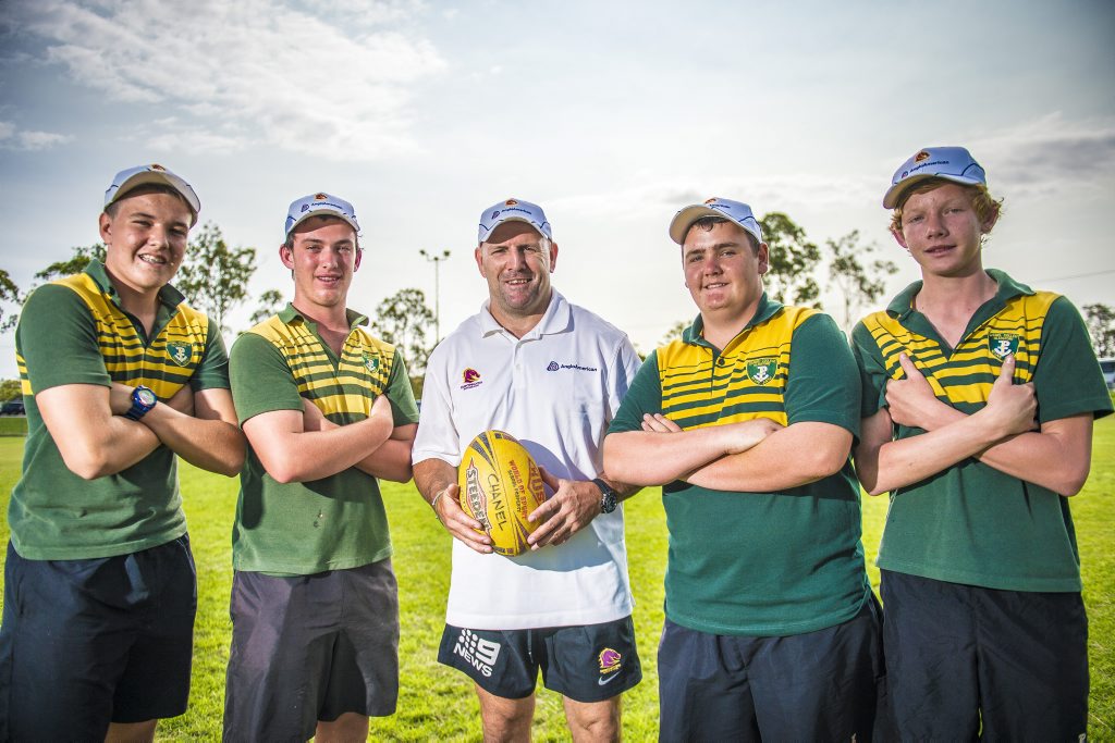 Brisbane Broncos Michael Hudson talking with Chanel College grade 10 students Dylan Johnson, 15, Jake Kearnan, 15, Dylan Lawson, 15 and Dean Baade, 14. Brisbane Broncos Michael Hudson talking with Chanel College grade 10 students Dylan Johnson, 15, Jake Kearnan, 15, Dylan Lawson, 15 and Dean Baade, 14.
