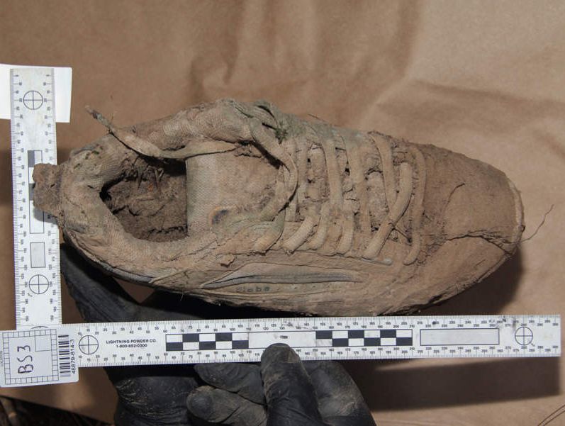 A muddy shoe, believed to be that of Daniel Morcombe, found at Glasshouse Mountains. Source: Police A muddy shoe, believed to be that of Daniel Morcombe, found at Glasshouse Mountains. Source: Police