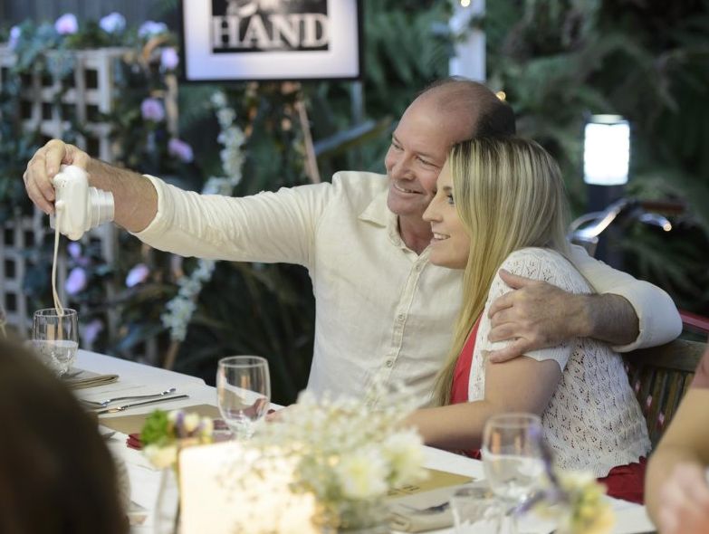 David and Corinne snap a selfie during Uel and Shannelle's instant restaurant in Sydney. David and Corinne snap a selfie during Uel and Shannelle's instant restaurant in Sydney.