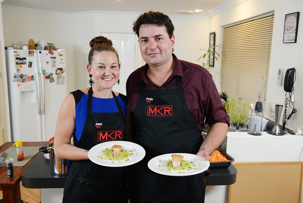 Jess and Felix with their undercooked pork belly. Jess and Felix with their undercooked pork belly.