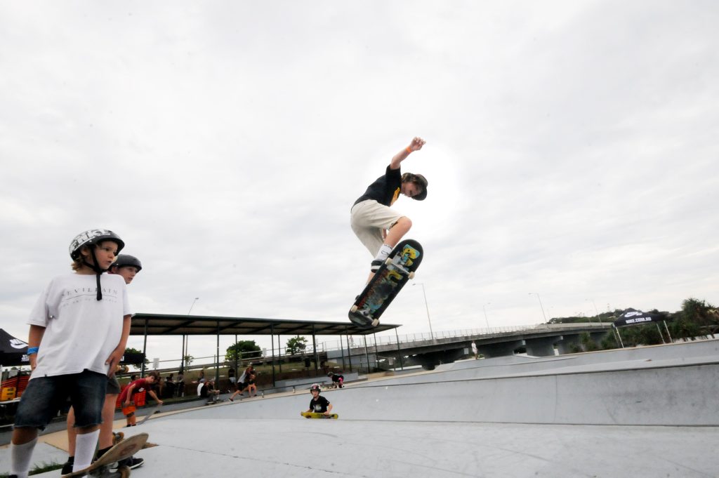 Damon Cahill of Lennox Head, gets air time at the workshop for skateboarding at Missingham park on Sunday. Photo Doug Eaton / The Northern Star Damon Cahill of Lennox Head, gets air time at the workshop for skateboarding at Missingham park on Sunday. Photo Doug Eaton / The Northern Star