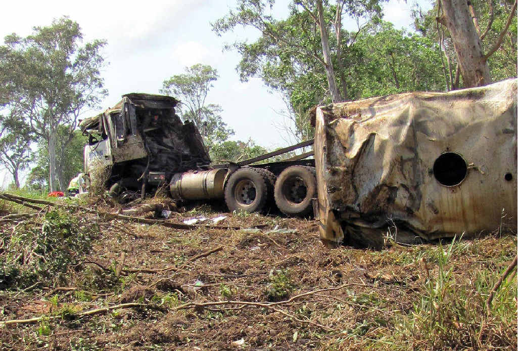The wreckage of Matt Trusz’s semi-trailer after the 2011 crash on the Bruce Hwy south of Ilbilbie. The wreckage of Matt Trusz’s semi-trailer after the 2011 crash on the Bruce Hwy south of Ilbilbie.
