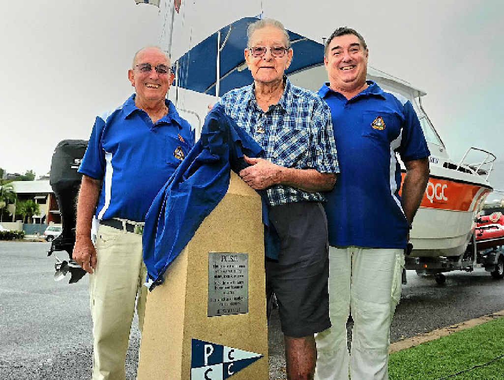 BLESS YOU ALL: Port Curtis Sailing Club’s Barry Austin, inaugural member Jack Mortensen and Commodore John Ibell unveiled a memorial plaque on Saturday. BLESS YOU ALL: Port Curtis Sailing Club’s Barry Austin, inaugural member Jack Mortensen and Commodore John Ibell unveiled a memorial plaque on Saturday.