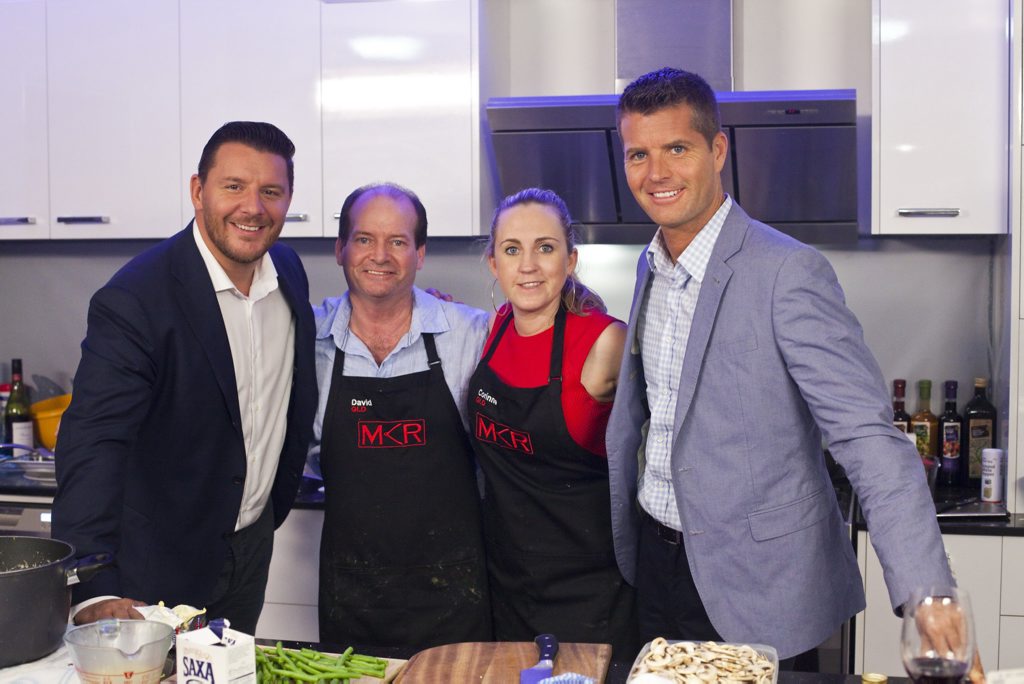 David and Corinne pictured with judges Manu Feildel, left, and Pete Evans at their home in Cairns. David and Corinne pictured with judges Manu Feildel, left, and Pete Evans at their home in Cairns.