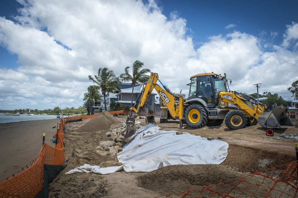 Repairs are being conducted at the scene of recent erosion caused by king tides at Boyne Island. Repairs are being conducted at the scene of recent erosion caused by king tides at Boyne Island.