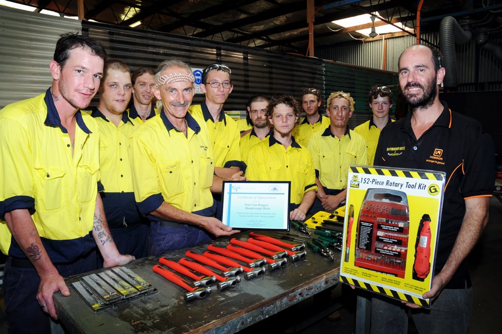 Maryborough TESS engineering trainer David Sanders and his Schools for Education and Employment students have received an engraving kit from Peter Van Bruggen of Maryborough Bolts and Accessories. Maryborough TESS engineering trainer David Sanders and his Schools for Education and Employment students have received an engraving kit from Peter Van Bruggen of Maryborough Bolts and Accessories.