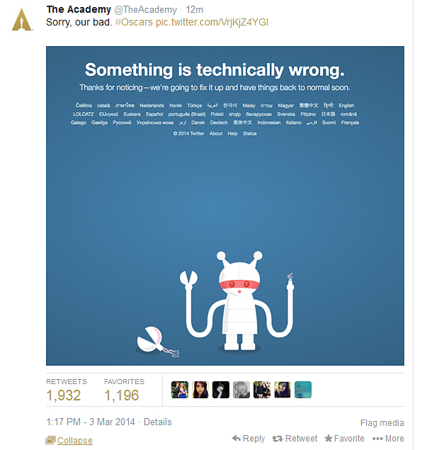 The Academy apologises for shutting down Twitter. The Academy apologises for shutting down Twitter.