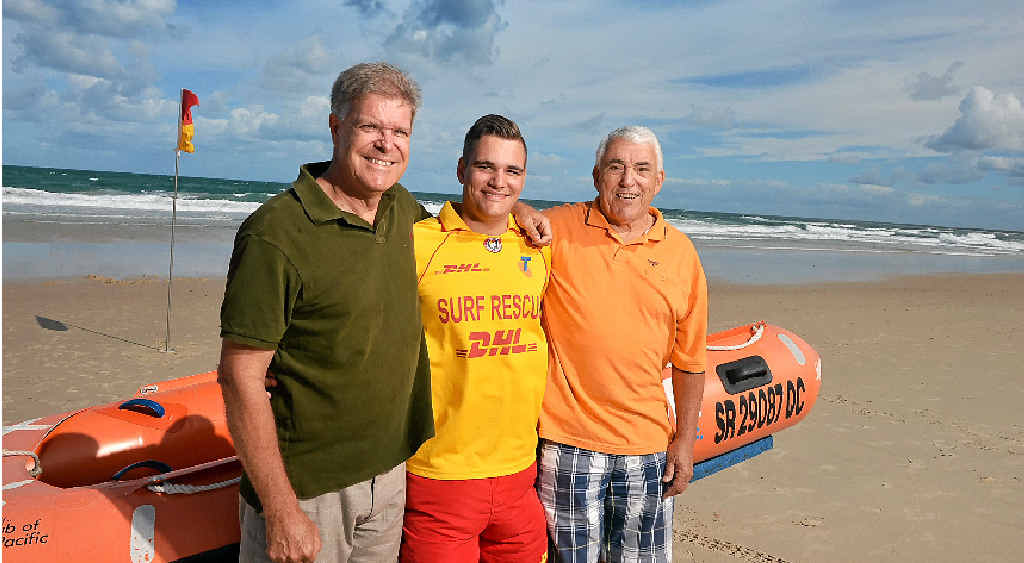 FAMILY HERO: Caloundra lifesaver Colton Pleass (centre) rescued his father Warwick and grandfather Kevin on Sunday. FAMILY HERO: Caloundra lifesaver Colton Pleass (centre) rescued his father Warwick and grandfather Kevin on Sunday.
