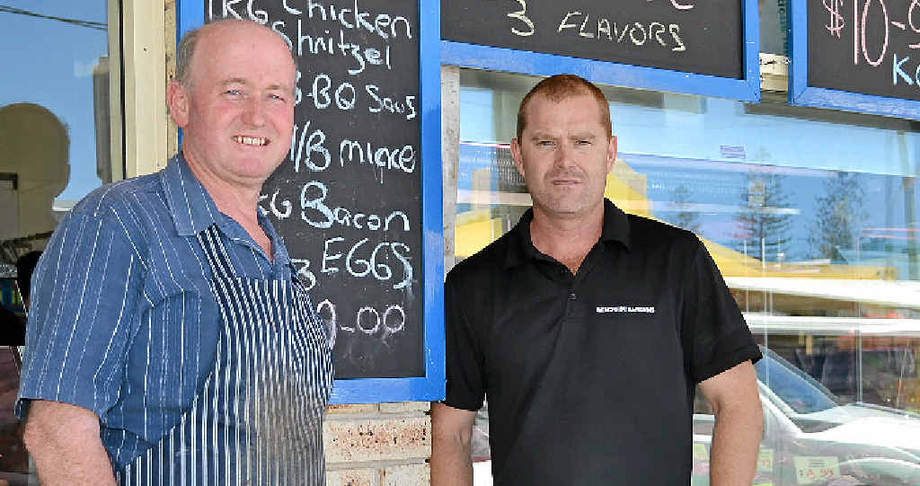 BANKING WOES: Business owners Mick Metcalf, of Metcalf Meats, and Coady Strong, of Beachside Bargains, say it is bad for business having to drive to Ballina to do their banking. BANKING WOES: Business owners Mick Metcalf, of Metcalf Meats, and Coady Strong, of Beachside Bargains, say it is bad for business having to drive to Ballina to do their banking.