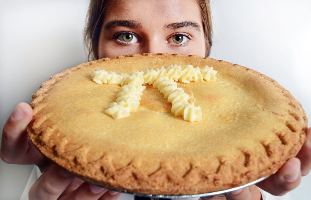 Eva McKinnon, aged 13 from St. John's College Woodlawn with a pie for Pie Day. Photo Patrick Gorbunovs / The Northern Star Eva McKinnon, aged 13 from St. John's College Woodlawn with a pie for Pie Day. Photo Patrick Gorbunovs / The Northern Star