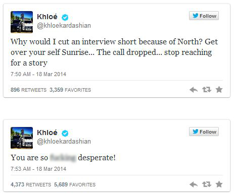 Khloe Kardashian's tweets on Sunrise. Khloe Kardashian's tweets on Sunrise.