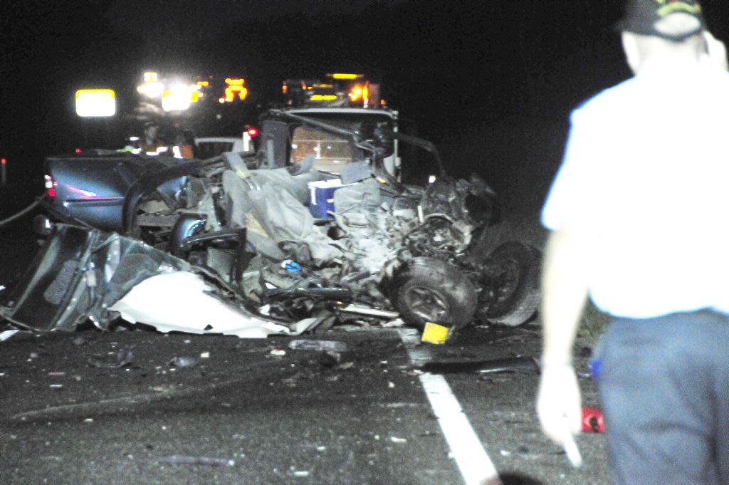 The man driving this four-wheel drive vehicle was killed instantly when his vehicle crashed head-on into a semi-trailer on Wednesday afternoon. The man driving this four-wheel drive vehicle was killed instantly when his vehicle crashed head-on into a semi-trailer on Wednesday afternoon.