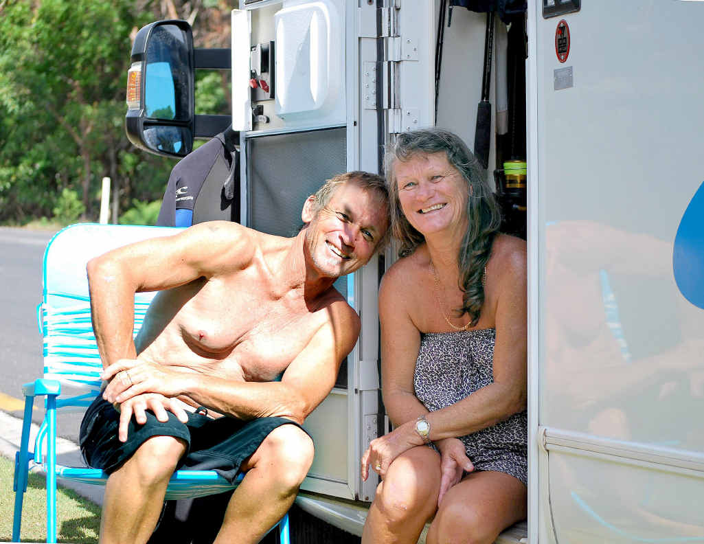 SELF-CONTAINED: Campers Michael and Marlene Porter from the Gold Coast in their Winnebago van at Byron Bay this week. SELF-CONTAINED: Campers Michael and Marlene Porter from the Gold Coast in their Winnebago van at Byron Bay this week.