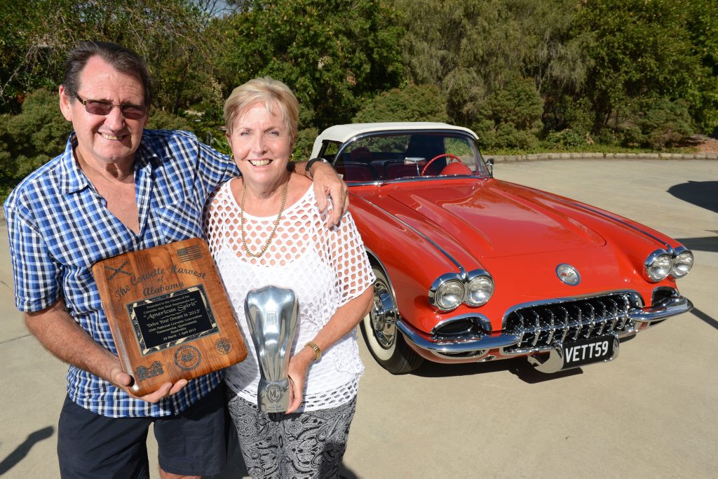 Image for sale: Trevor and Joy Jones with their 1959 C1 Corvette which has won many national and international awards. Photo: Sarah Harvey / The Queensland Times