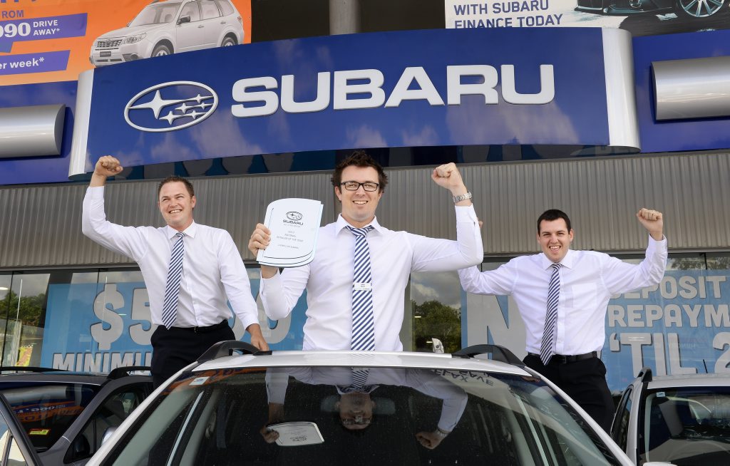 BIG DEAL: Llewellyn Subaru has been named Subaru National Dealer of the Year. Assistant sales manager Jonny Box, sales manager Sam Wolff and sales consultant Joshua Deane celebrate. BIG DEAL: Llewellyn Subaru has been named Subaru National Dealer of the Year. Assistant sales manager Jonny Box, sales manager Sam Wolff and sales consultant Joshua Deane celebrate.