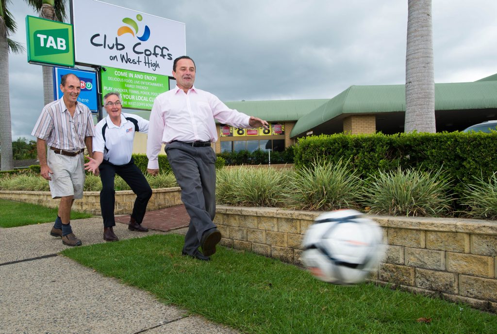 UNITED: Garry Launt, Michael Lamont and Carl Mower have a spring in their step after linking the Club Coffs partnership with North Coast Football. Photo Trevor Veale / Coffs Coast Advocate UNITED: Garry Launt, Michael Lamont and Carl Mower have a spring in their step after linking the Club Coffs partnership with North Coast Football. Photo Trevor Veale / Coffs Coast Advocate