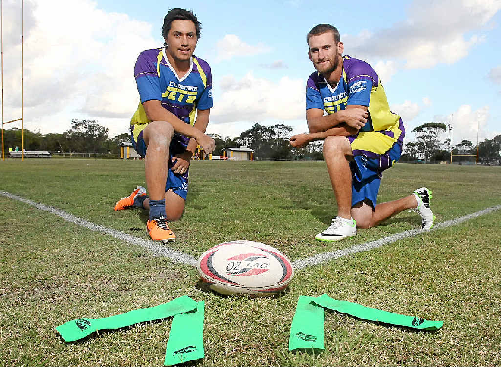 GAME ON: Ryan Stroud, left, and Adam Shuttlewood are representing the Caloundra Jets at the Senior State Oztag Cup at Kawana, which began yesterday. GAME ON: Ryan Stroud, left, and Adam Shuttlewood are representing the Caloundra Jets at the Senior State Oztag Cup at Kawana, which began yesterday.
