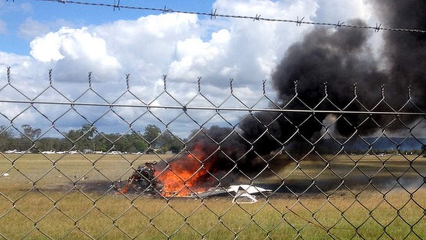 A skydiving plane that crashed shortly after take off at Caboolture, killing five people. Photo: Seven News
A skydiving plane that crashed shortly after take off at Caboolture, killing five people. Photo: Seven News