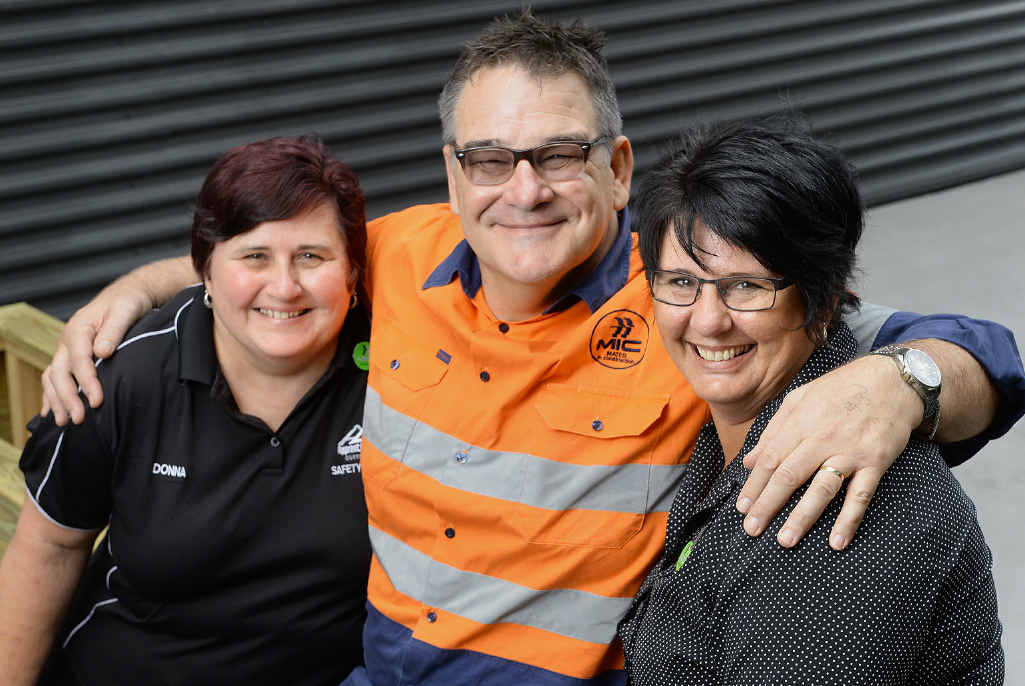 TRUE FRIENDS: Apprenticeships QLD safety officer Donna Templeton (left) and employment consultant Nadine Muller welcome field officer Phil Hortz from Mates in Construction. TRUE FRIENDS: Apprenticeships QLD safety officer Donna Templeton (left) and employment consultant Nadine Muller welcome field officer Phil Hortz from Mates in Construction.