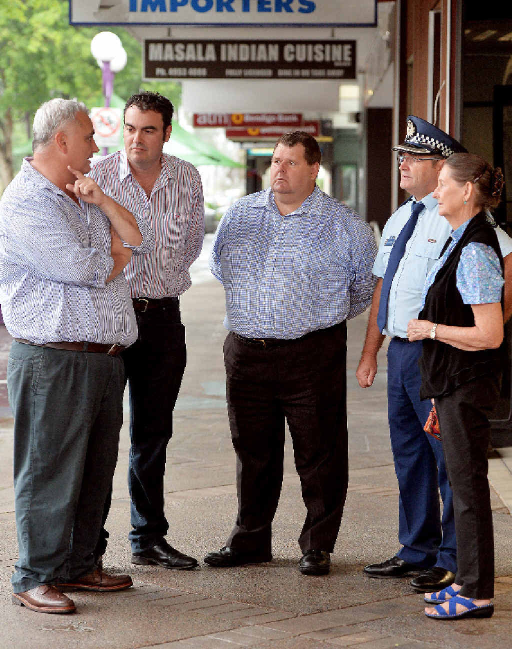 Bar Link chairman Mark Laffin (left), Member for Whitsunday Jason Costigan, Mackay Taxis’ Gary Button, Mackay police Inspector Andy Graham and street chaplain Rev Ann Dittmar-McCollim discuss the State Government’s Safe Night Out Strategy in the CBD. Bar Link chairman Mark Laffin (left), Member for Whitsunday Jason Costigan, Mackay Taxis’ Gary Button, Mackay police Inspector Andy Graham and street chaplain Rev Ann Dittmar-McCollim discuss the State Government’s Safe Night Out Strategy in the CBD.
