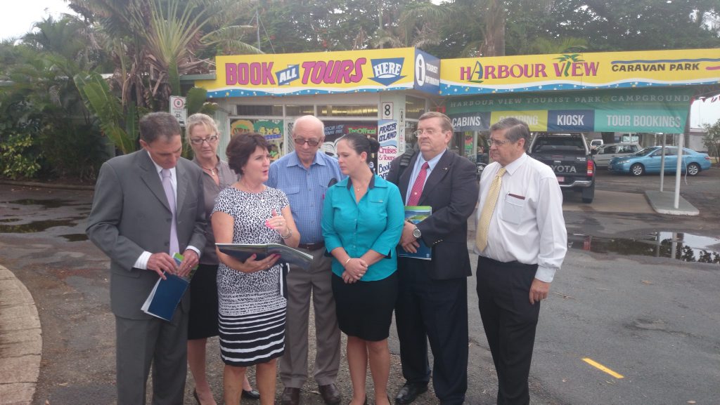 Tourism Minister Jann Stuckey launches new camping guidelines in Hervey Bay flanked by industry representatives and Fraser Coast Regional Council Mayor Gerard O'Connell (left) and Hervey Bay MP Ted Sorensen (far right). Tourism Minister Jann Stuckey launches new camping guidelines in Hervey Bay flanked by industry representatives and Fraser Coast Regional Council Mayor Gerard O'Connell (left) and Hervey Bay MP Ted Sorensen (far right).