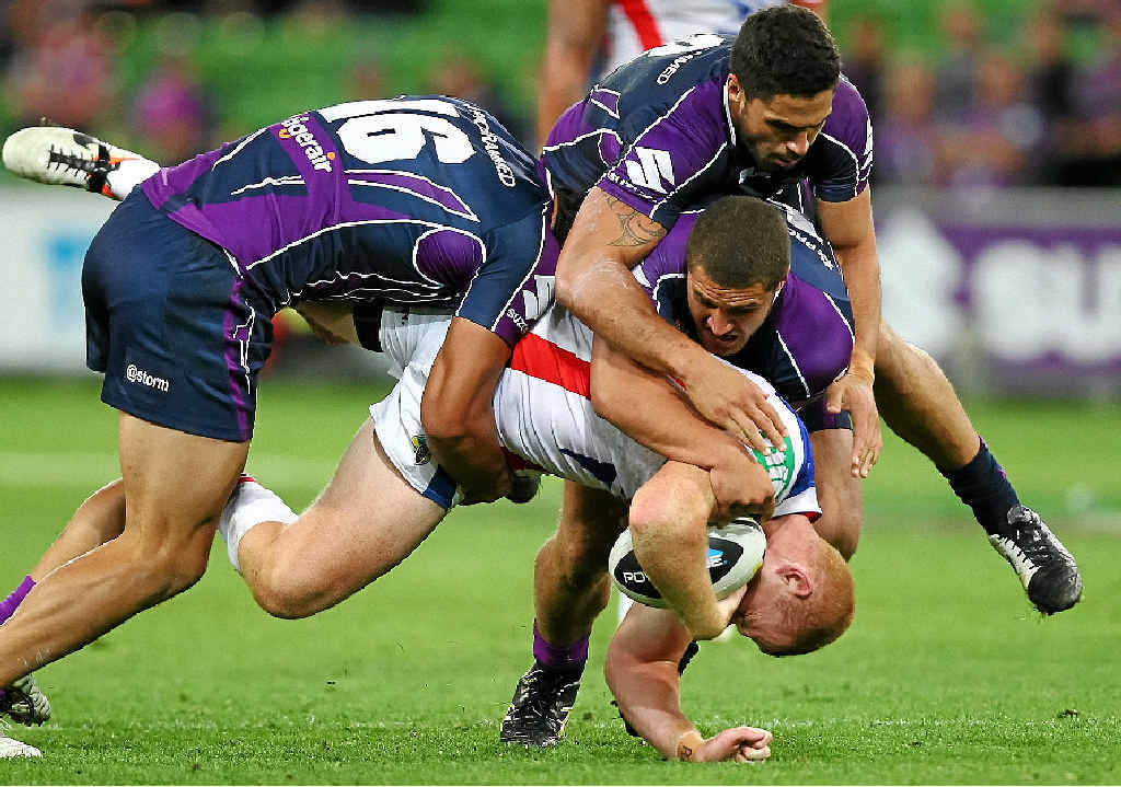 UNFORTUNATE ACCIDENT: Alex McKinnon is brought down at AAMI Park. UNFORTUNATE ACCIDENT: Alex McKinnon is brought down at AAMI Park.