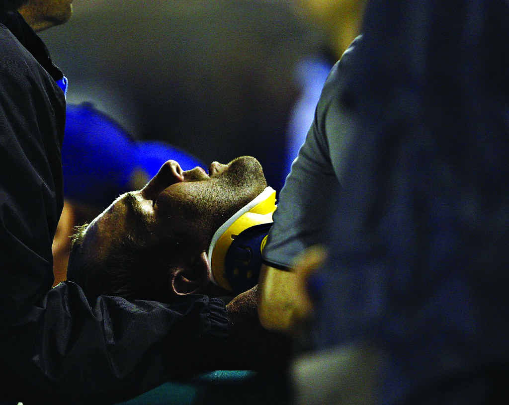 FRIGHTENING TIME: Ben Ross is taken from the field in a brace after breaking his neck while playing for the Cronulla Sharks against Penrith in March, 2009. FRIGHTENING TIME: Ben Ross is taken from the field in a brace after breaking his neck while playing for the Cronulla Sharks against Penrith in March, 2009.