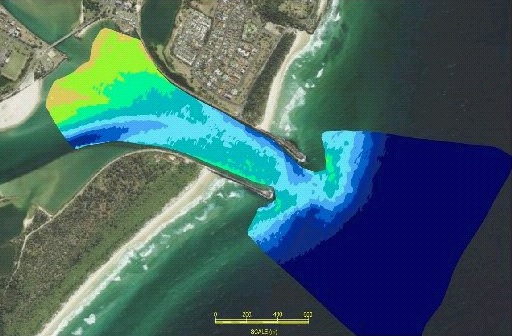 A hydrographic survey of the Ballina Bar from April 2013. The deeper the water is, the darker its shade of blue. A hydrographic survey of the Ballina Bar from April 2013. The deeper the water is, the darker its shade of blue.