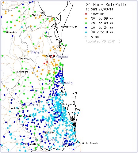24 hour rainfall figures to 9am 27/03/14. 24 hour rainfall figures to 9am 27/03/14.
