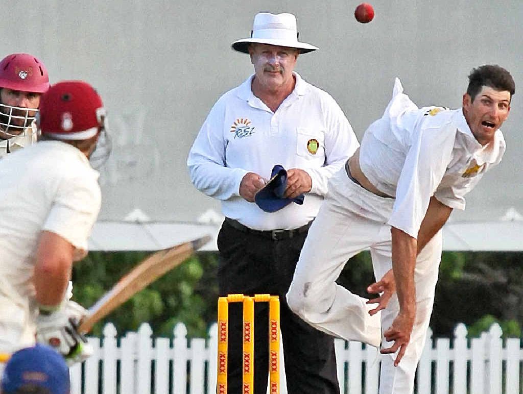 BEND THE BACK: Gympie Gold bowler Troy Ashton throws everything into this delivery against the Caboolture batting. BEND THE BACK: Gympie Gold bowler Troy Ashton throws everything into this delivery against the Caboolture batting.